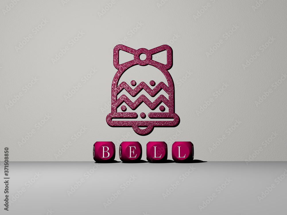 Poster 3D representation of bell with icon on the wall and text arranged by metallic cubic letters on a mirror floor for concept meaning and slideshow presentation for church and background