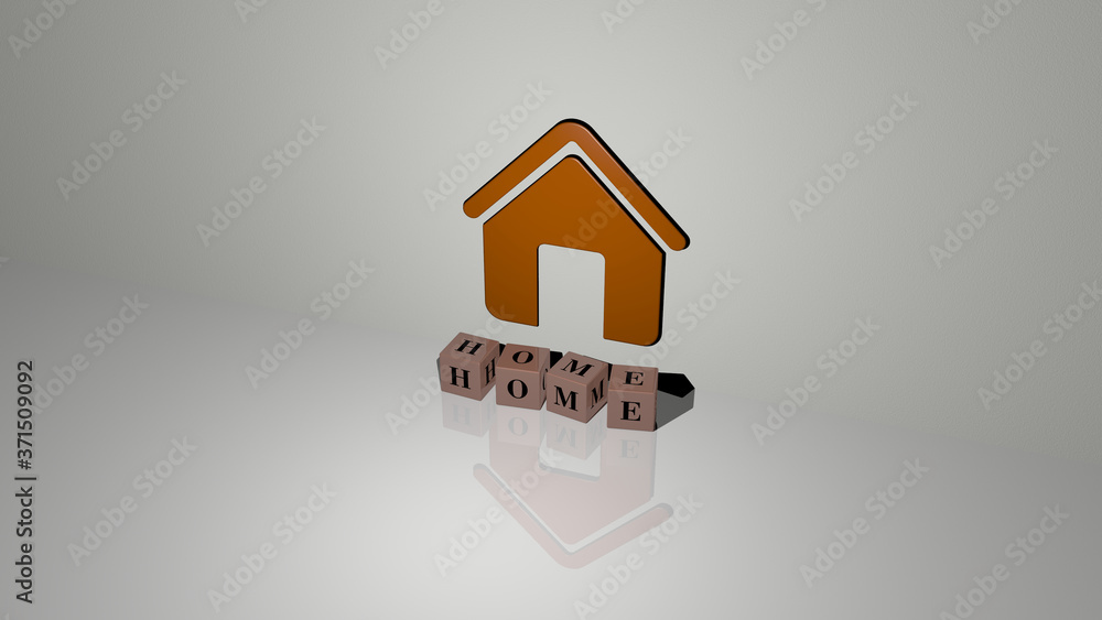 Poster home text of cubic dice letters on the floor and 3d icon on the wall - 3d illustration for backgroun