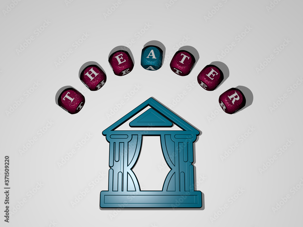 Poster theater icon surrounded by the text of individual letters - 3d illustration for architecture and bac