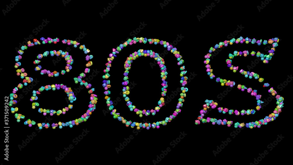 Aufkleber colorful 3d writing of s text with small objects over a dark background and matching shadow for illu