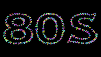 Colorful 3D writing of s text with small objects over a dark background and matching shadow for illustration and design