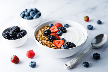 Fresh breakfast with greek yogurt nuts oatmeal granola with berries in a bowl