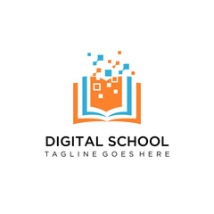digital tech book logo design, Digital school. On-line educational blue vector logo. Open book with pages and pixels. Virtual i.q. courses identity.