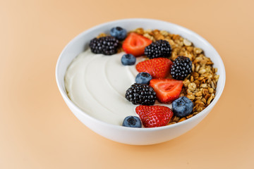 Fresh breakfast with greek yogurt nuts oatmeal granola with berries in a bowl