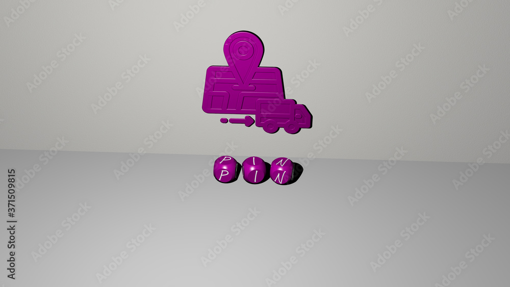 Poster pin 3d icon on the wall and text of cubic alphabets on the floor - 3d illustration for map and backg