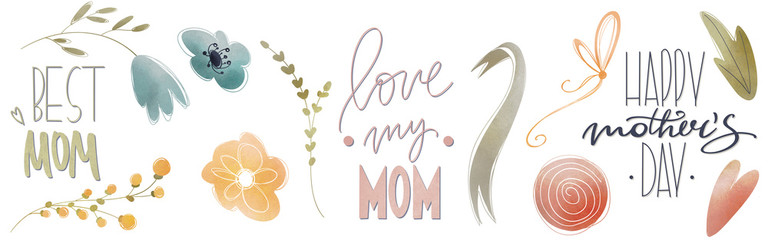 Cute kawaii set mother's day element, flowers. Textured digital art for craft scrapbooking. Print for creating a postcard, banner, poster, invitation, social media post, textiles, clothing