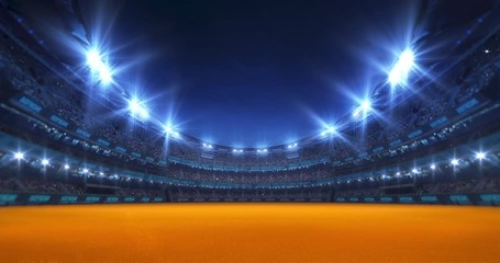 Sport stadium video background with orange athletics or tennis playground, flashing lights and cheering crowd. Glowing stadium lights in 4k loop animation.