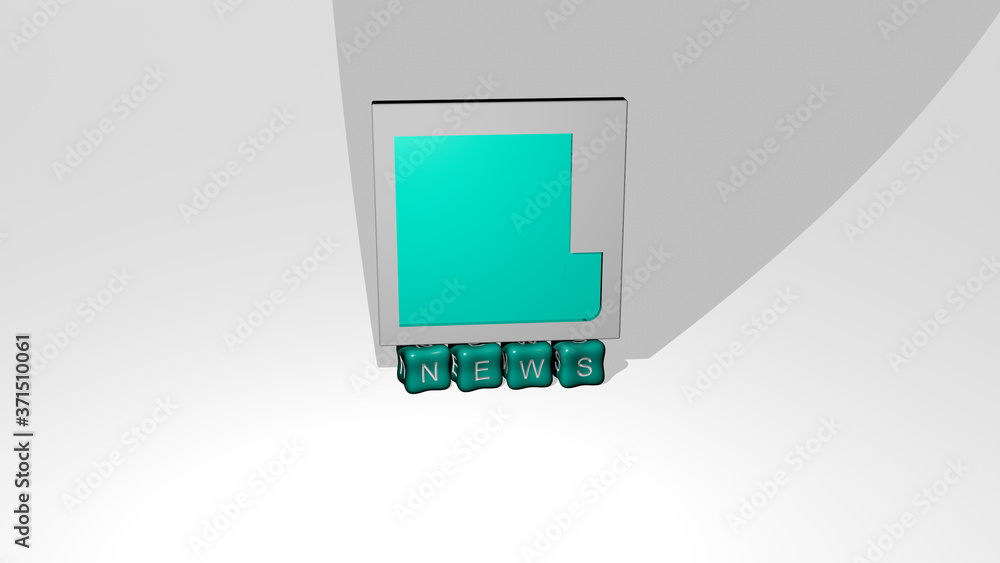 Poster 3d graphical image of news vertically along with text built by metallic cubic letters from the top p