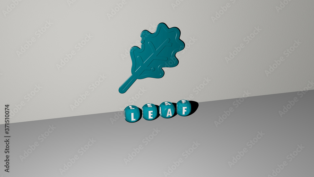 Poster leaf 3d icon on the wall and text of cubic alphabets on the floor - 3d illustration for background a