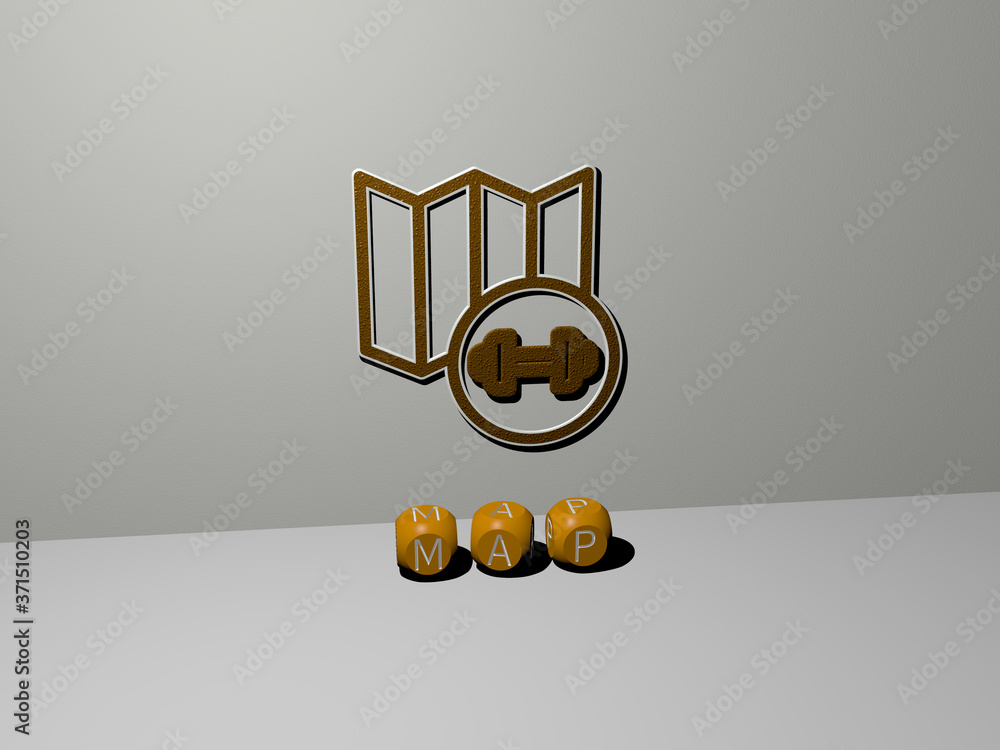 Poster 3d illustration of map graphics and text made by metallic dice letters for the related meanings of t