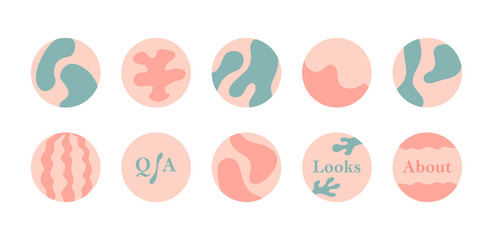 Trendy cover icons set for social media stories. Vector fluid shapes in brown and green colors