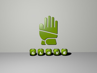 GLOVE 3D icon on the wall and text of cubic alphabets on the floor - 3D illustration for hand and background