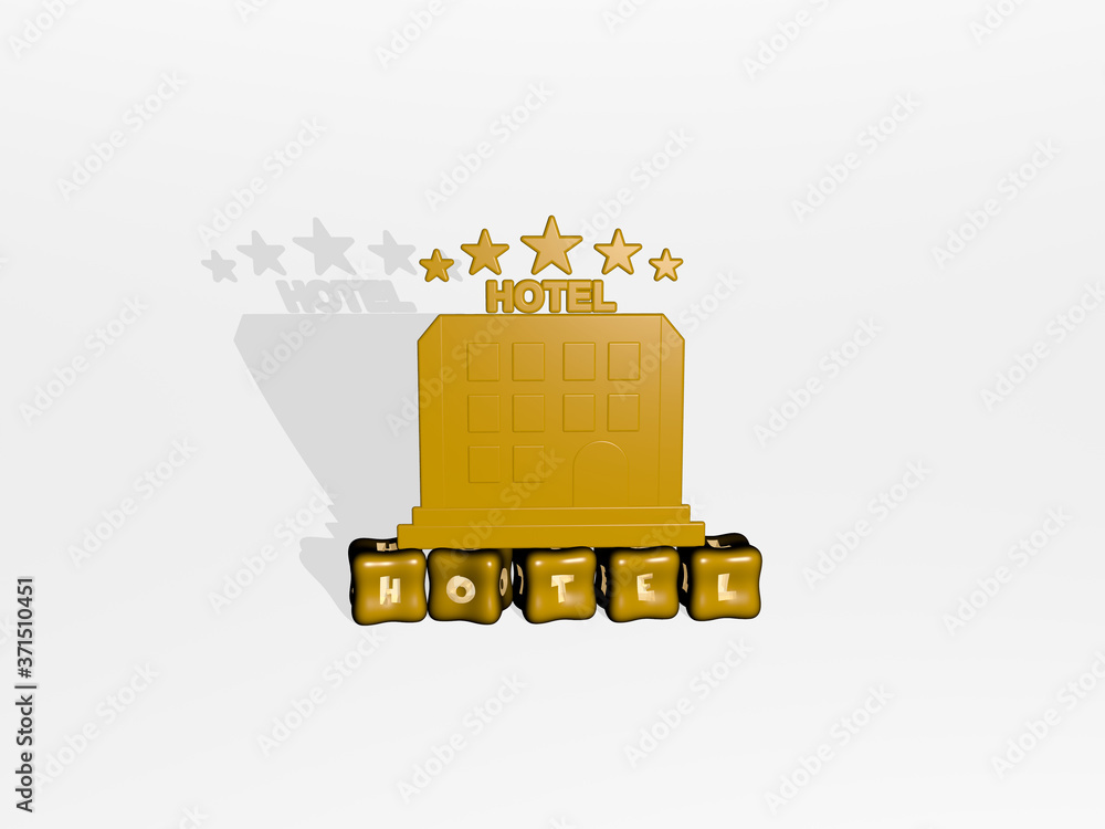 Poster hotel 3d icon object on text of cubic letters - 3d illustration for building and architecture