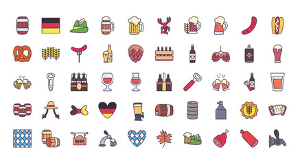 oktoberfest line and fill style 50 icon set vector design