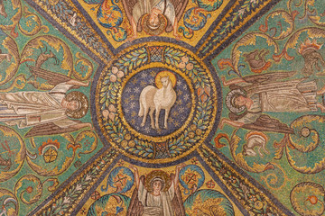 Fototapeta na wymiar RAVENNA, ITALY - JANUARY 28, 2020: The symbolic mosaic of Lamb of God from the presbytery of church Basilica di San Vitale from the 6. cent.