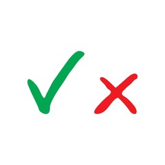  Green and red hand drawn grungy check mark vector illustration. Tick symbol in green color, vector illustration. Hand-painted vector okay and cancel signs icons.