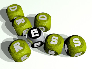 RED DRESS curved crossword of cubic dice letters - 3D illustration for background and abstract