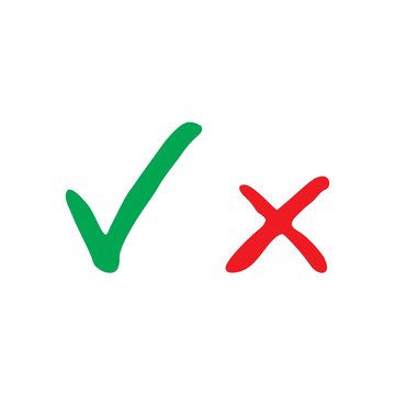  Green And Red Hand Drawn Grungy Check Mark Vector Illustration. Tick Symbol In Green Color, Vector Illustration. Hand-painted Vector Okay And Cancel Signs Icons.