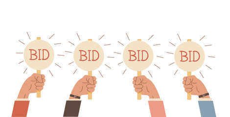 Auction bidding. Hands holding bids paddle. Sale and buyers. Business competitors buying. Financial auctioneers holding cards with caption. Flat arm with signs. Vector illustration on white.