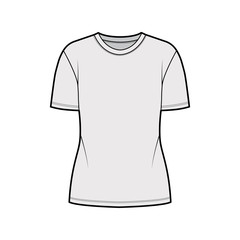 Cotton-jersey t-shirt technical fashion illustration with crew neck, short sleeves, tunic length. Flat outwear basic blouse apparel template front, grey color. Women men unisex shirt top CAD mockup