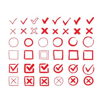  Red Doodle check marks. hand drawn checkbox  examination mark and checklist marks. check signs sketch illustration set