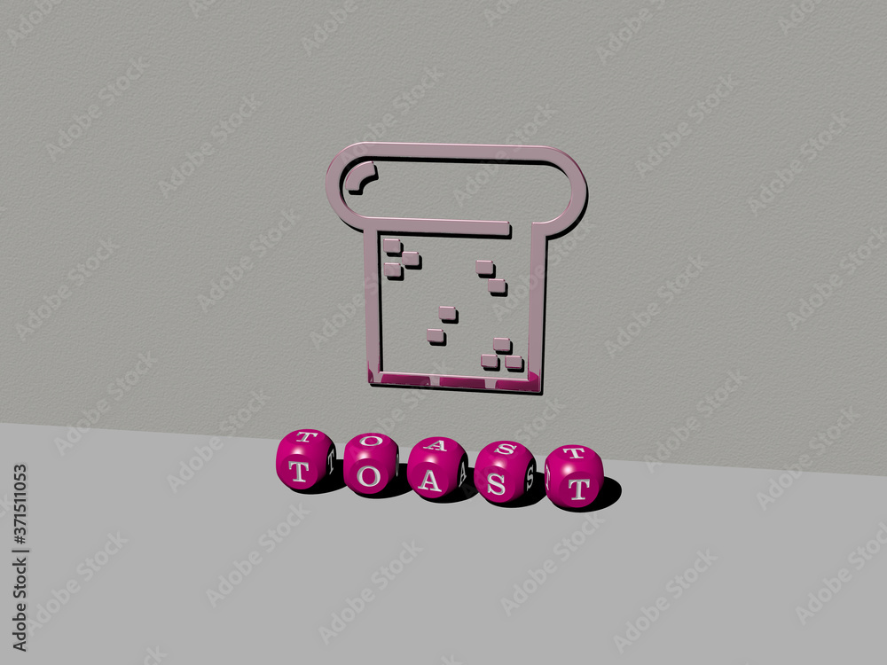 Poster 3d representation of toast with icon on the wall and text arranged by metallic cubic letters on a mi