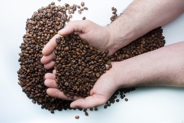 Grains of coffee in the hands of a man.