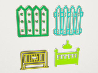fence 4 icons set - 3D illustration for background and wooden