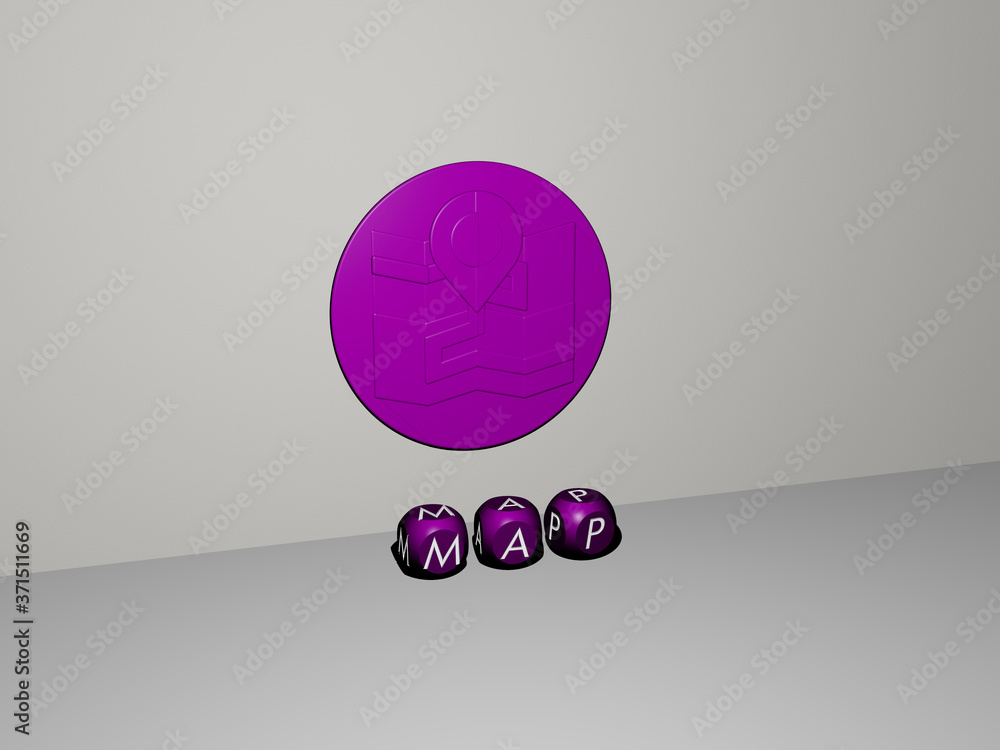 Poster map 3d icon on the wall and text of cubic alphabets on the floor - 3d illustration for background an