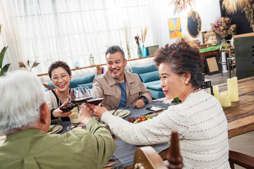 The elderly couple toasting of happiness