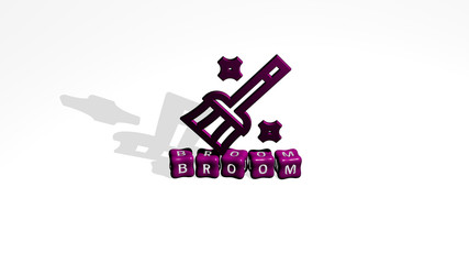 BROOM 3D icon object on text of cubic letters - 3D illustration for background and cleaning