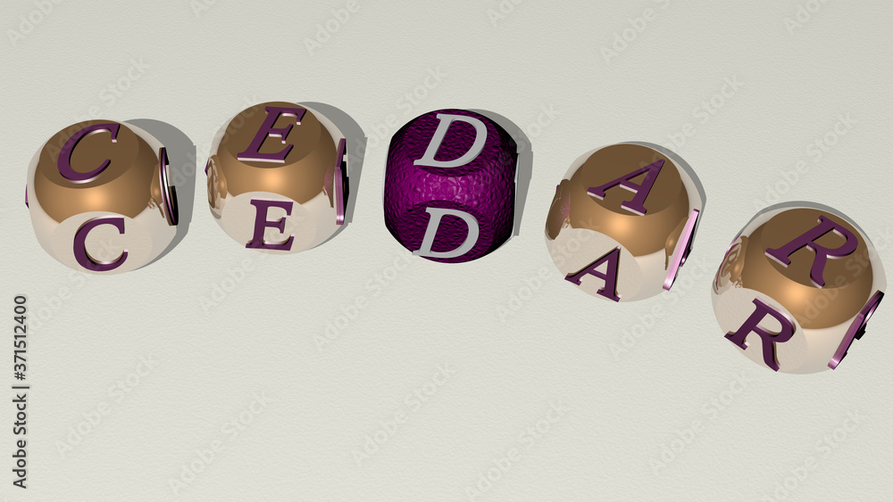 Poster cedar curved text of cubic dice letters - 3d illustration for background and tree