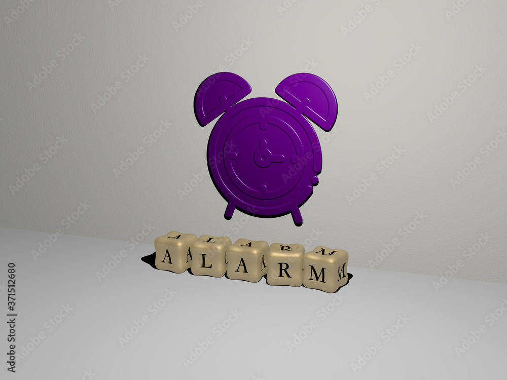 Poster alarm 3d icon on the wall and cubic letters on the floor - 3d illustration for clock and background