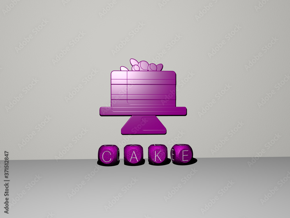 Poster cake 3d icon on the wall and text of cubic alphabets on the floor - 3d illustration for background a