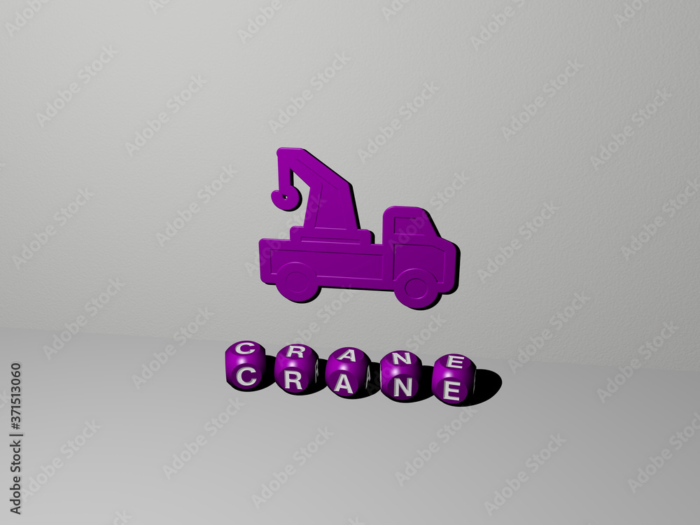 Aufkleber crane 3d icon on the wall and text of cubic alphabets on the floor - 3d illustration for constructio