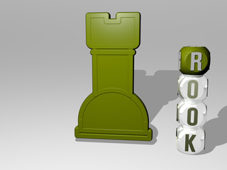 ROOK 3D icon beside the vertical text of individual letters - 3D illustration for chess and black