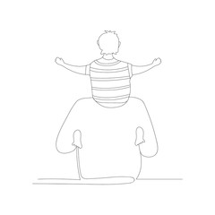 A portrait of a big man and his little son. The boy sits on his father's shoulders with his hands spread out. Happy father's day. Line art drawing