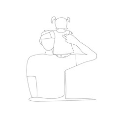 A portrait of a man and his daughter in a small dress. The girl sits on her father's right shoulder. Happy Father's  Day.  Line art drawing