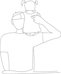 A portrait of a man and his daughter in a small dress. The girl sits on her father's right shoulder. Happy Father's  Day.  Line art drawing