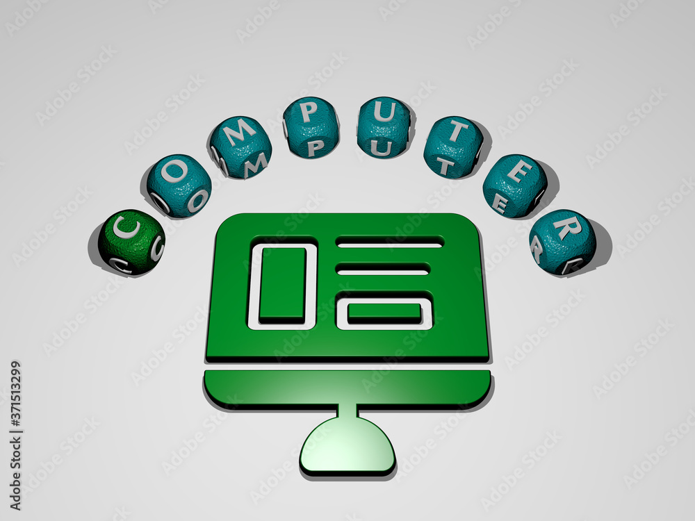 Poster computer icon surrounded by the text of individual letters - 3d illustration for business and backgr