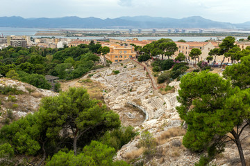 Roman Amphitheatre of Cagliari on a cloudy summer day