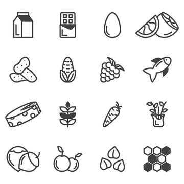 A set of 16 icons with various food allergies. Minimalistic linear images of vegetables, fruits and seafood. Isolated vector on white background.