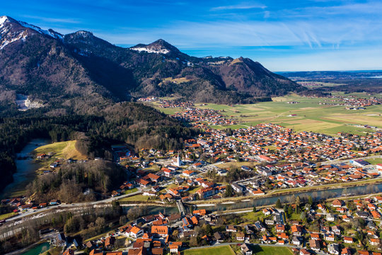 Germany, Marquartstein, Bavaria, Aerial view of village in Alps