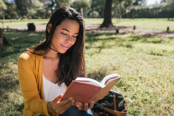 Young woman reading book while sitting on grassy land in park