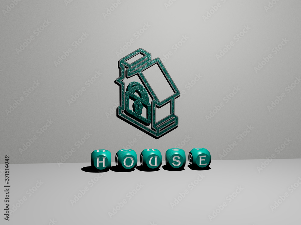 Poster 3d representation of house with icon on the wall and text arranged by metallic cubic letters on a mi