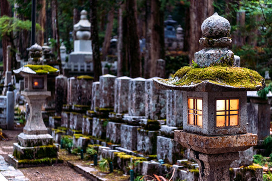 Illuminated lanterns in cemetery, Koyasan, Japan
