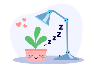 Kawaii cute potted sleeping plant under the lamp in the night in flat style. Can be used for greeting cards or posters or interior elements, stickers, hygge illustrations etc.