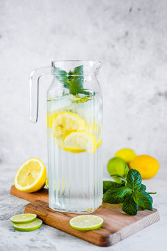 Detox water with lemon, lime and mint and ice cubes