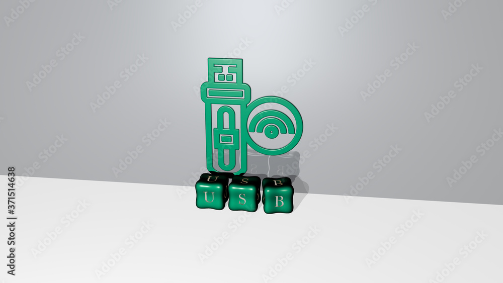 Poster 3d representation of usb with icon on the wall and text arranged by metallic cubic letters on a mirr
