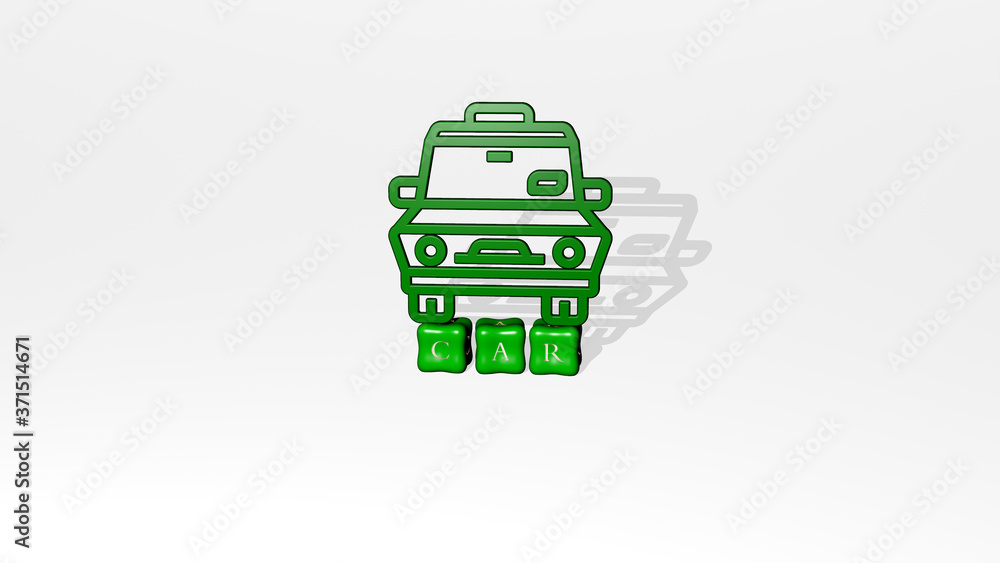 Poster car 3d icon object on text of cubic letters - 3d illustration for auto and automobile